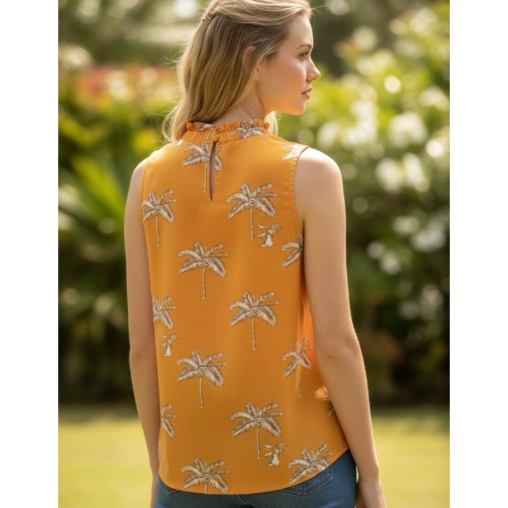 Ann Taylor Palm Tree Ruffle Collar Shell Size Large Petite - Picture 2 of 13